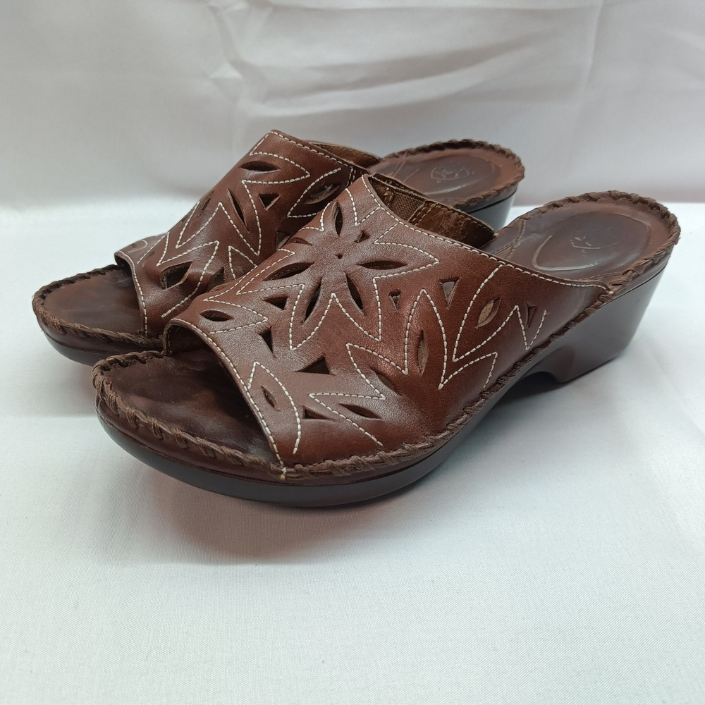 Ariat Women 8.5B Brown Leather Laser Cut Floral Wedge Sandals Mules Western